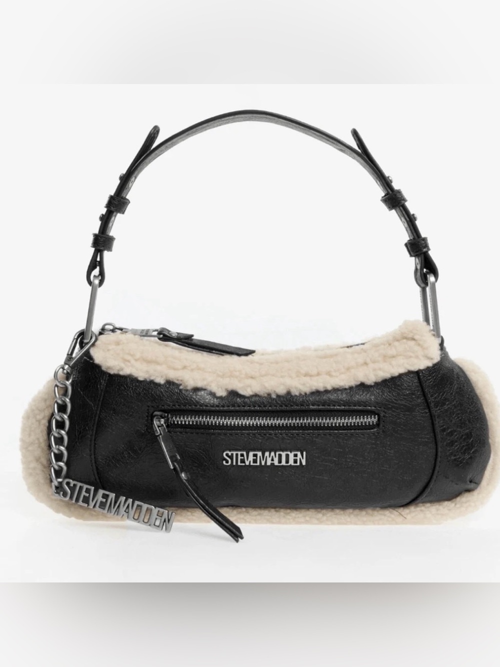 Steve Madden Black Shoulder Bag with Cream Shearling Trim